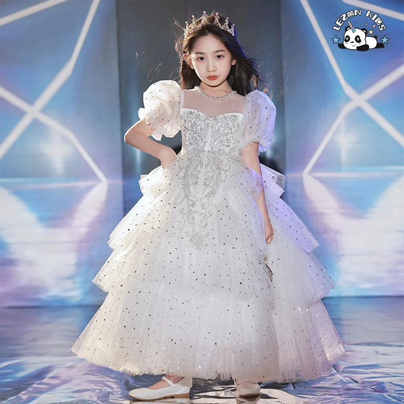 LEZONKIDS - High-end White Sequined Puffy Mesh Dress Girls Princess Dress for Evening Birthday Party